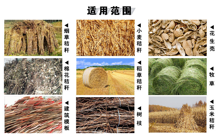 煙桿顆粒機(jī)原料：煙草秸稈、玉米秸稈、小麥秸稈等